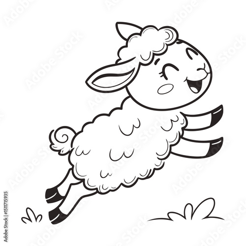 Cartoon lamb jumping happily in a black and white drawing