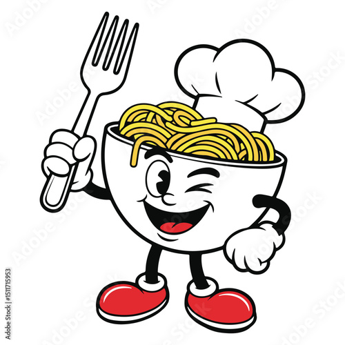 Cartoon bowl of spaghetti with chef hat and winking face