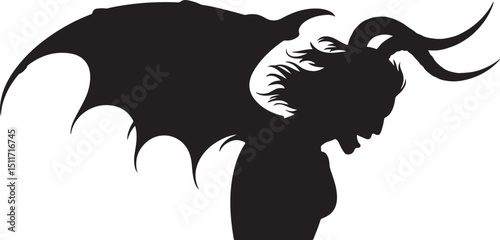 Silhouette of a Demonic Female Figure with Wings and Horns