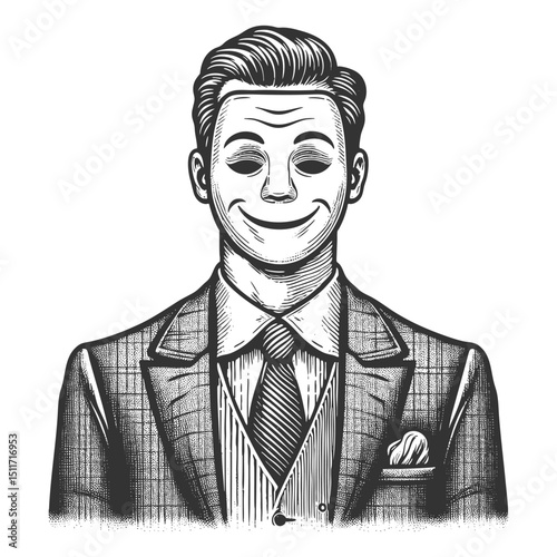 man with a detachable smiling mask, symbolizing deception, duality, and emotional facade sketch engraving generative ai fictional character vector illustration. Scratch board. Black and white image.