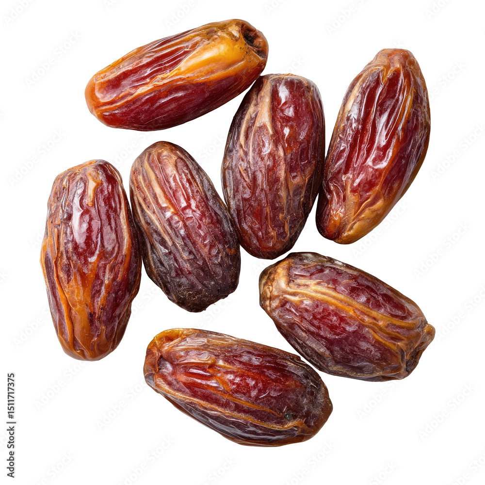 Close-up overhead shot of seven plump, dark reddish-brown dates, showcasing their wrinkled texture and slightly glossy surface, arranged in a casual scatter Close-up overhead shot of seven plump, dark reddish-brown dates, showcasing their wrinkled texture and slightly glossy surface, arranged in a casual scatter
