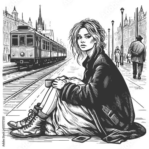 homeless woman sitting near urban train tracks, capturing hardship and loneliness sketch engraving generative ai fictional character vector illustration. Scratch board imitation. Black and white.