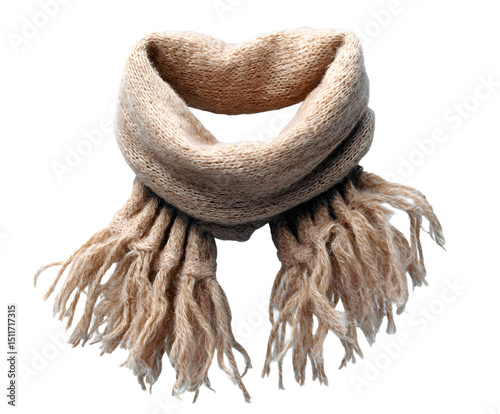 A soft beige scarf with fringes isolated on a transparent background, showcasing cozy winter fashion and textile texture
