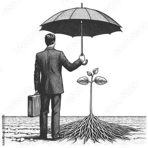 businessman protecting a young plant from rain with an umbrella, symbolizing investment, care, and business growth sketch engraving generative ai vector illustration. Scratch board. Black and white.