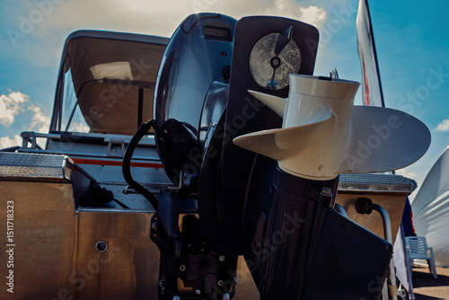 Close-up View of Boat Motor with Propeller Reflecting Blue Sky and Clouds on the Water
