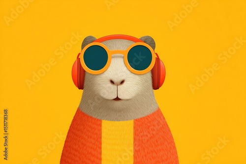 Cool rodent in sunglasses enjoys music against a vibrant yellow backdrop