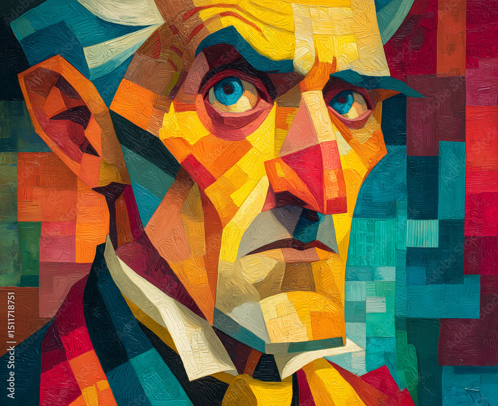 Fototapeta premium Abstract Cubist Man Portrait with Intense Expression and Bold Colors