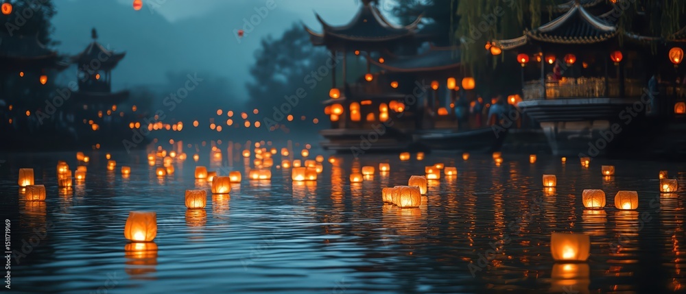 Fototapeta premium Lantern festival with paper lights floating on river