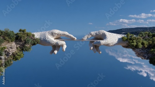 Surreal artistic bridge of hands reaching across the sky