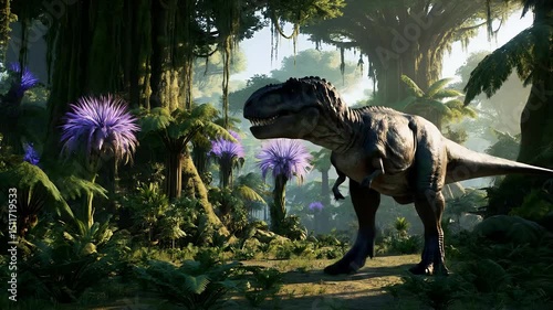 A T-Rex dinosaur in a fantastic jungle