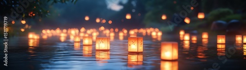 Paper lanterns floating on river during Obon festival