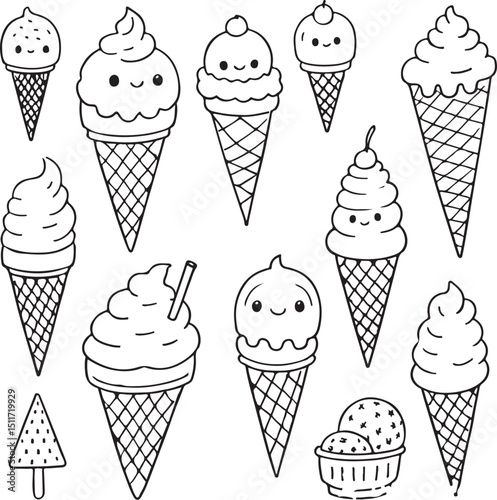 A delicious set of colorful ice cream cones with chocolate, strawberry, and vanilla flavors, perfect for a sweet summer dessert