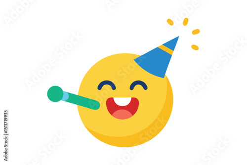 Cheerful emoji face wearing party hat and blowers