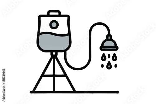Vector Camping shower icon in black line style showing a hanging water container with a hose and dripping showerhead, symbolizing hygiene outdoors.