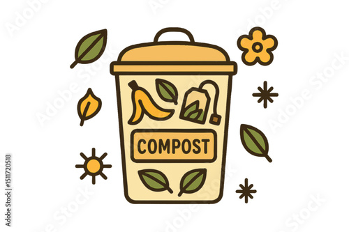 Vector illustrated compost bin with organic waste and leaves, promoting eco-friendly lifestyle and sustainable food disposal through composting.