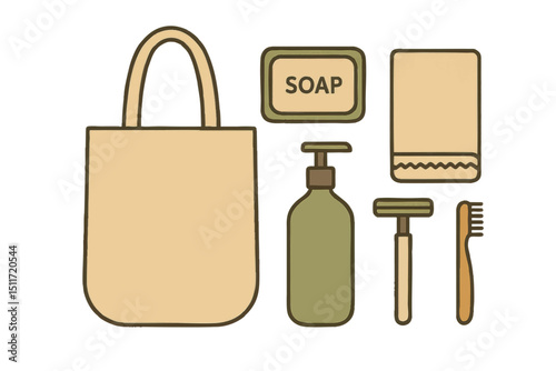 Vector illustration of eco-friendly bathroom essentials like a tote, soap, towel, and bamboo toothbrush to promote zero waste lifestyle.