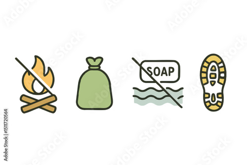Vector icons highlighting prohibited environmental actions like open fire, littering, using soap in water, and disturbing ecosystems.