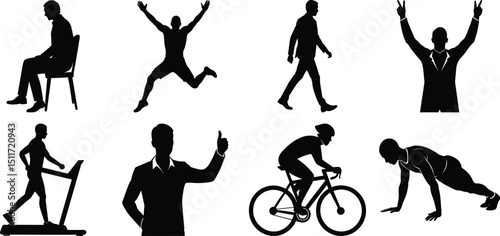 Man various activity silhouette set. Running, jumping, cycling, gym, yoga, sports, riding bundle vector isolated on transparent background