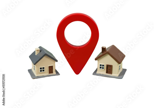 Isolated Miniature Houses with Red Location Pin