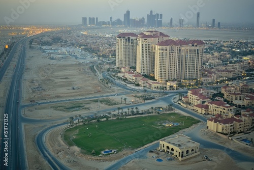 Aerial view of a modern city development with highways, residential buildings, and undeveloped land