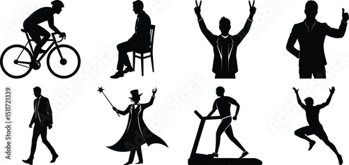 Man various activity silhouette set. Running, jumping, cycling, gym, yoga, sports, riding bundle vector isolated on transparent background
