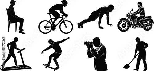 Man various activity silhouette set. Running, jumping, cycling, gym, yoga, sports, riding bundle vector isolated on transparent background