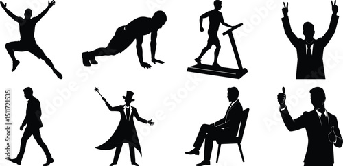 Man various activity silhouette set. Running, jumping, cycling, gym, yoga, sports, riding bundle vector isolated on transparent background