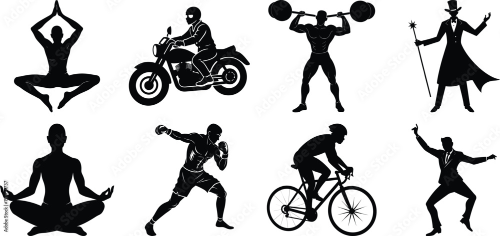Naklejka premium Man various activity silhouette set. Running, jumping, cycling, gym, yoga, sports, riding bundle vector isolated on transparent background