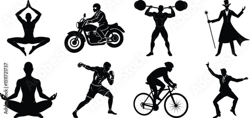 Man various activity silhouette set. Running, jumping, cycling, gym, yoga, sports, riding bundle vector isolated on transparent background