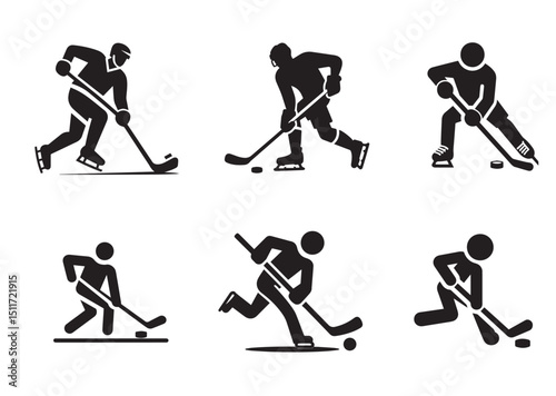 Stick Figure Playing Hockey Silhouette Vector Set