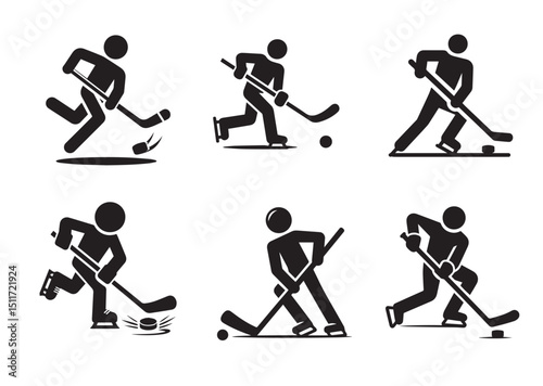 Stick Figure Playing Hockey Silhouette Vector Set