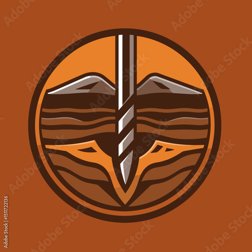 Stylized emblem featuring a drill penetrating layers of earth in warm tones
