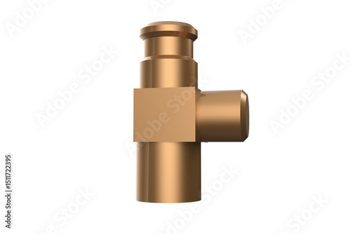 Brass regulator pipe fitting angled view, for gas or liquid flow control. Isolated on a PNG Transparent HD Background. High resolution, clear cut.