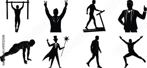 Man various activity silhouette set. Running, jumping, cycling, gym, yoga, sports, riding bundle vector isolated on transparent background
