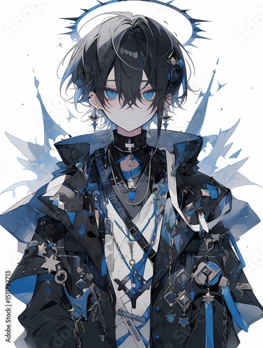 Anime illustration of a character with blue eyes and black hair wearing a black jacket adorned with accessories, looking directly at the viewer with neutral expression