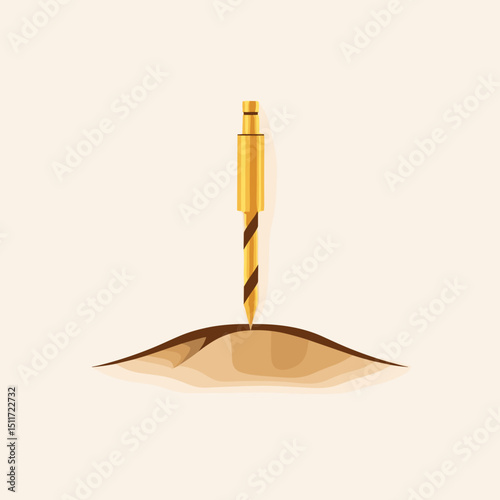Stylized golden drill bit emerging from layered paper on light background