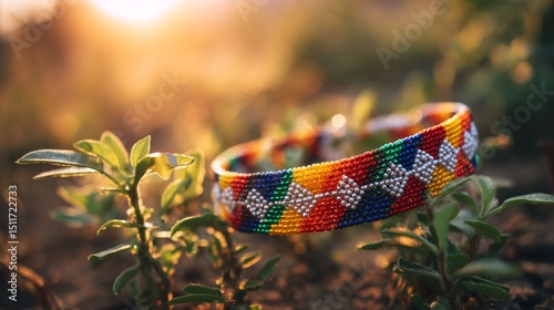 Rainbow beaded bracelet on spring leaves, symbolizing youth hope and diversity in South Africa