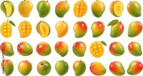 A diverse collection of realistic mango illustrations in various stages of ripeness and colors (green, yellow, red), including whole and halved mangoes, some with leaves.
