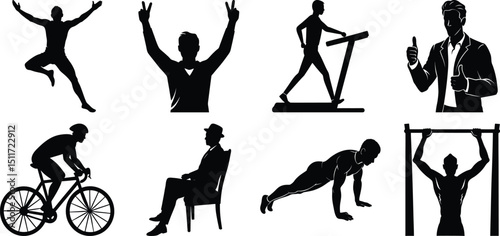 Man various activity silhouette set. Running, jumping, cycling, gym, yoga, sports, riding bundle vector isolated on transparent background