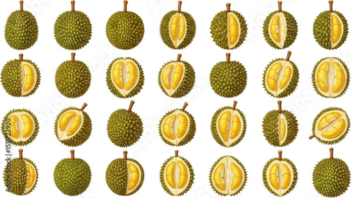 A collection of realistic durian illustrations, showing both whole spiky fruits and cross-sections revealing the creamy yellow flesh and seeds.