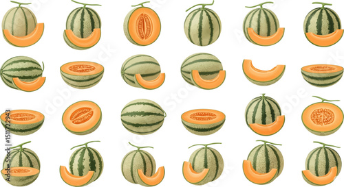 A collection of realistic cantaloupe illustrations, including whole melons, halved melons, and melon slices, showing the textured rind and orange flesh with seeds.