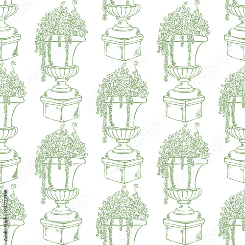 Vintage seamless pattern with classic garden plant urn or vase in hand drawn line art. Elegant La dolce vita pattern for textile prints, gift wrap, wallpaper, Mediterranean or French packaging design.