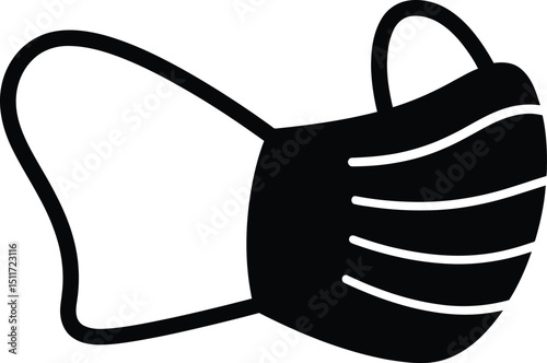 A simple black and white illustration of a face mask with elastic ear loops and pleated design element silhouette