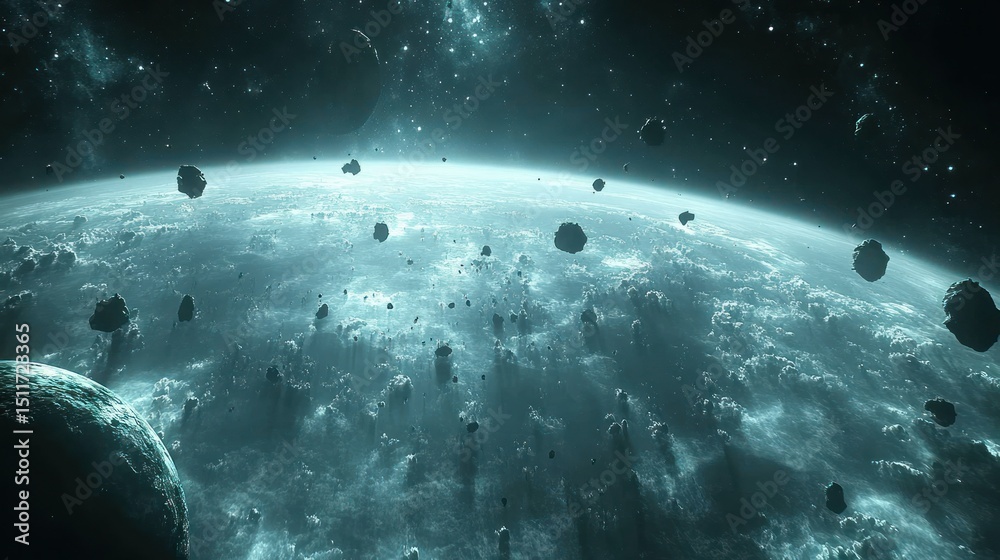 Fototapeta premium Vast, turquoise space, asteroid field around planet