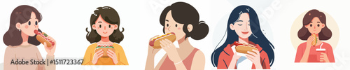 vector of a woman eating a hotdog