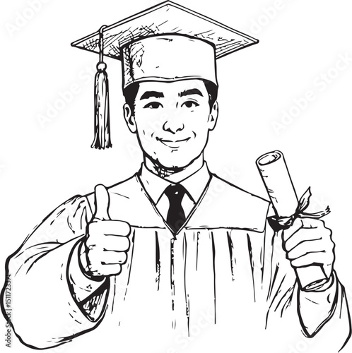 Happy cartoon graduate student with a diploma, celebrating success in education