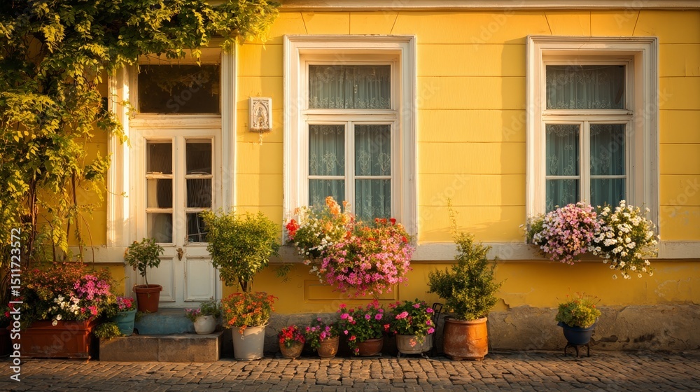 Obraz premium Sunny yellow house with blooming flowers, warm summer charm