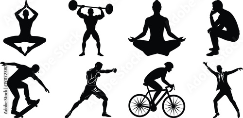 Man various activity silhouette set. Running, jumping, cycling, gym, yoga, sports, riding bundle vector isolated on transparent background