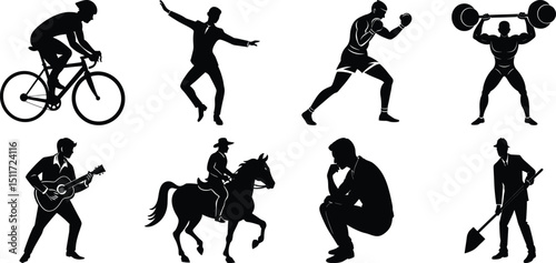 Man various activity silhouette set. Running, jumping, cycling, gym, yoga, sports, riding bundle vector isolated on transparent background