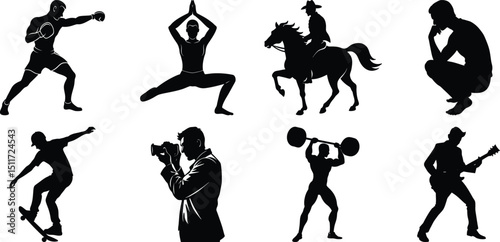 Man various activity silhouette set. Running, jumping, cycling, gym, yoga, sports, riding bundle vector isolated on transparent background